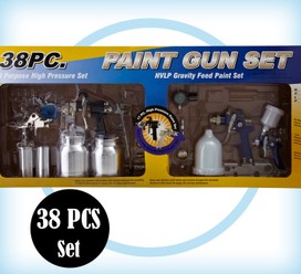 38 PCS SPRAY GUN KIT HVLP GRAVITY FEED 4 Guns + Air gauge 1mm 1.4mm 1.5mm 1.8mm
